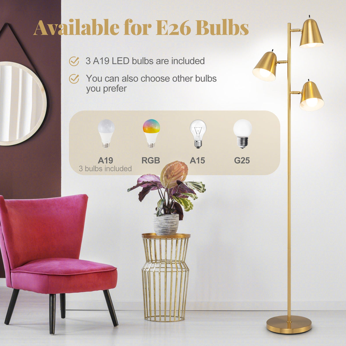 64 Inch 3-Light LED Floor Lamp