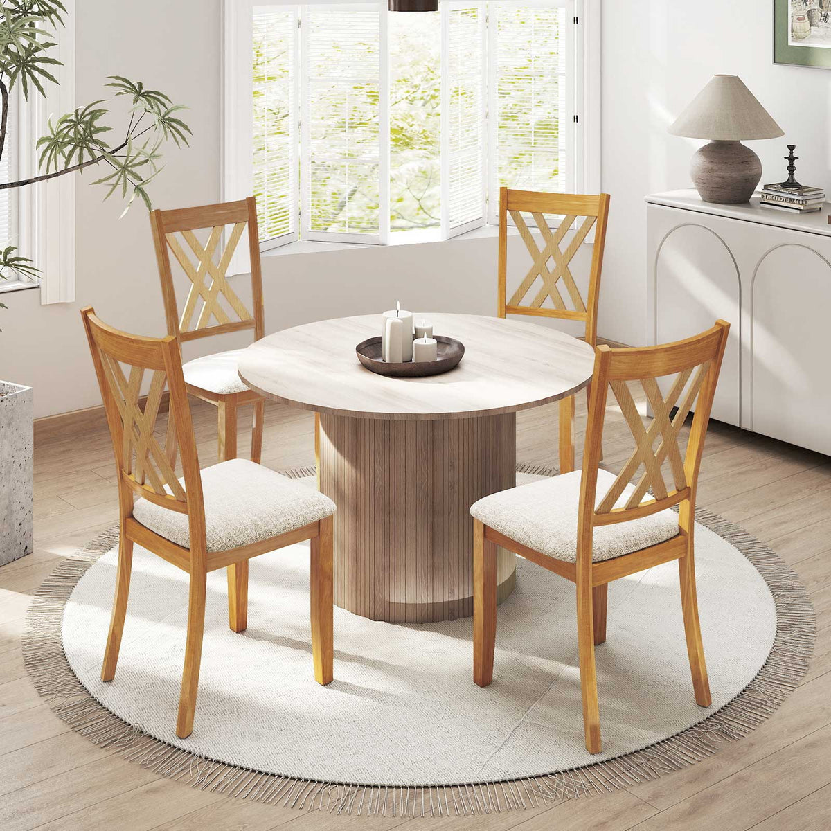 Linen Upholstered Wooden Dining Chair Set of 4 with Rubber Wood Frame