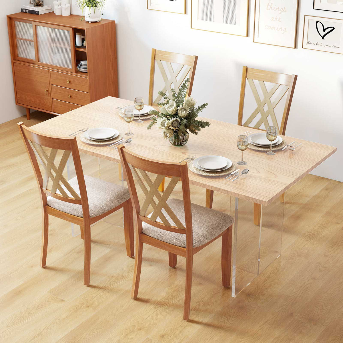 Linen Upholstered Wooden Dining Chair Set of 4 with Rubber Wood Frame