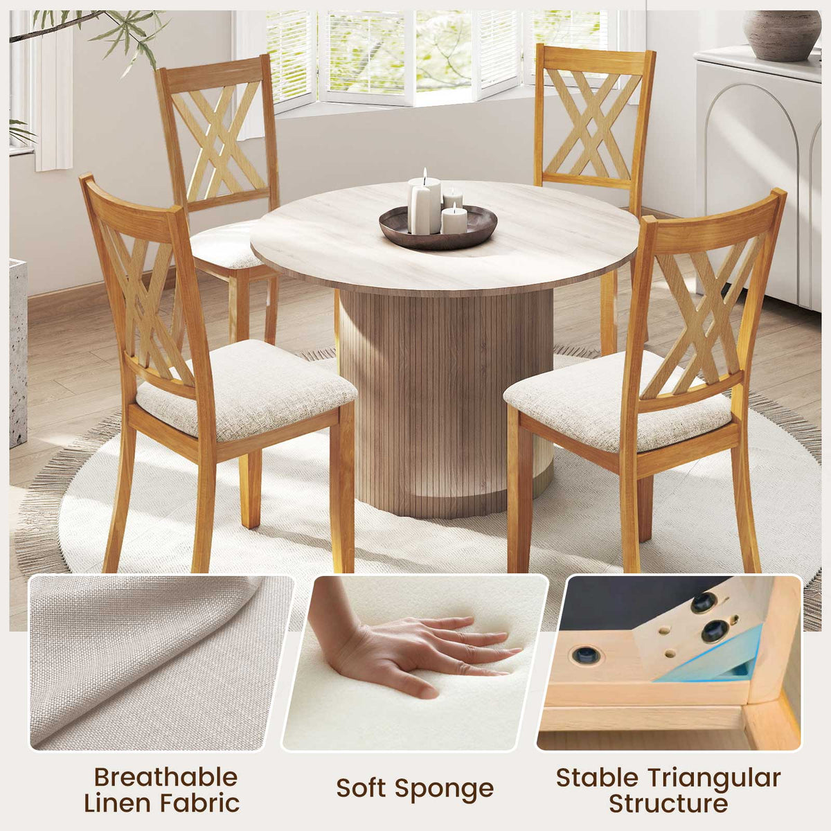 Linen Upholstered Wooden Dining Chair Set of 4 with Rubber Wood Frame