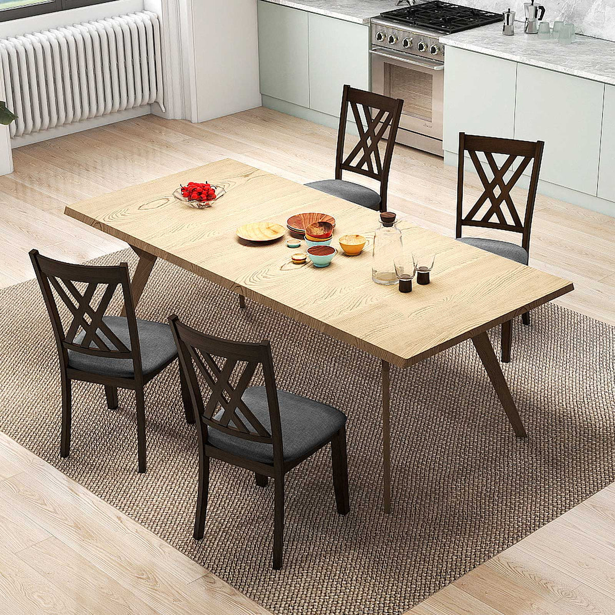Linen Upholstered Wooden Dining Chair Set of 4 with Rubber Wood Frame