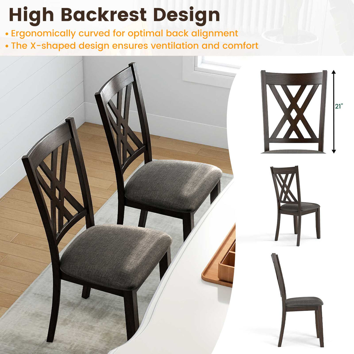 Linen Upholstered Wooden Dining Chair Set of 4 with Rubber Wood Frame