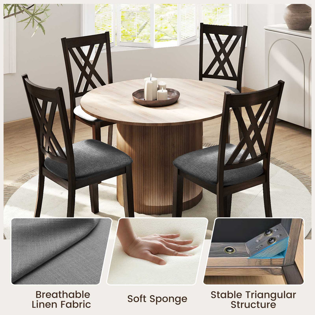 Linen Upholstered Wooden Dining Chair Set of 4 with Rubber Wood Frame