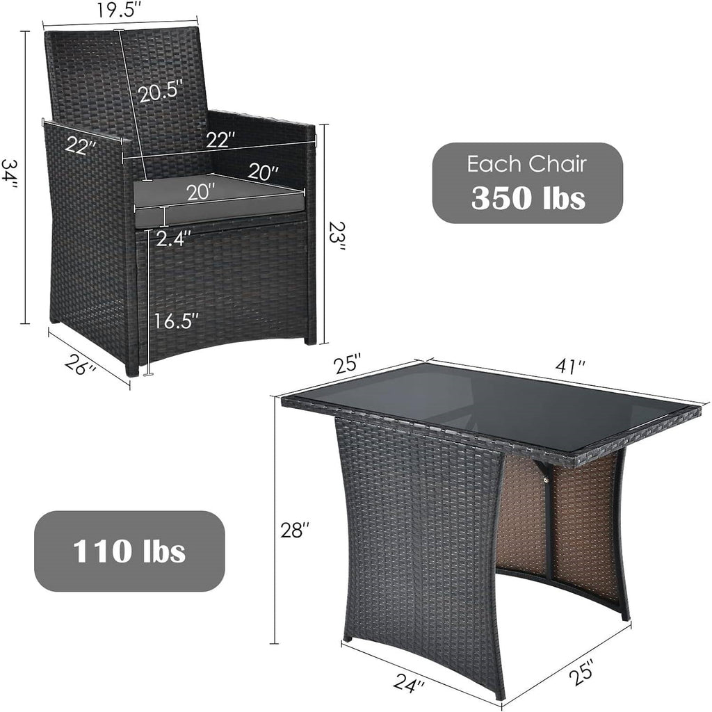 3-Piece Patio Furniture Bistro Dining Set in Brown Grey PE Rattan