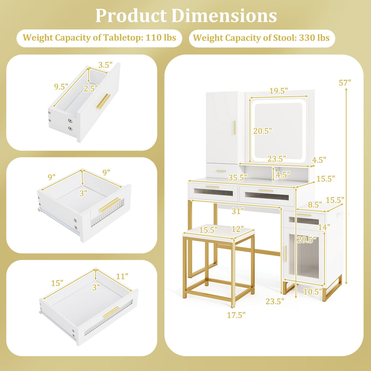 Makeup Vanity Desk Dressing Table and Stool Set with Lighted Mirror-White
