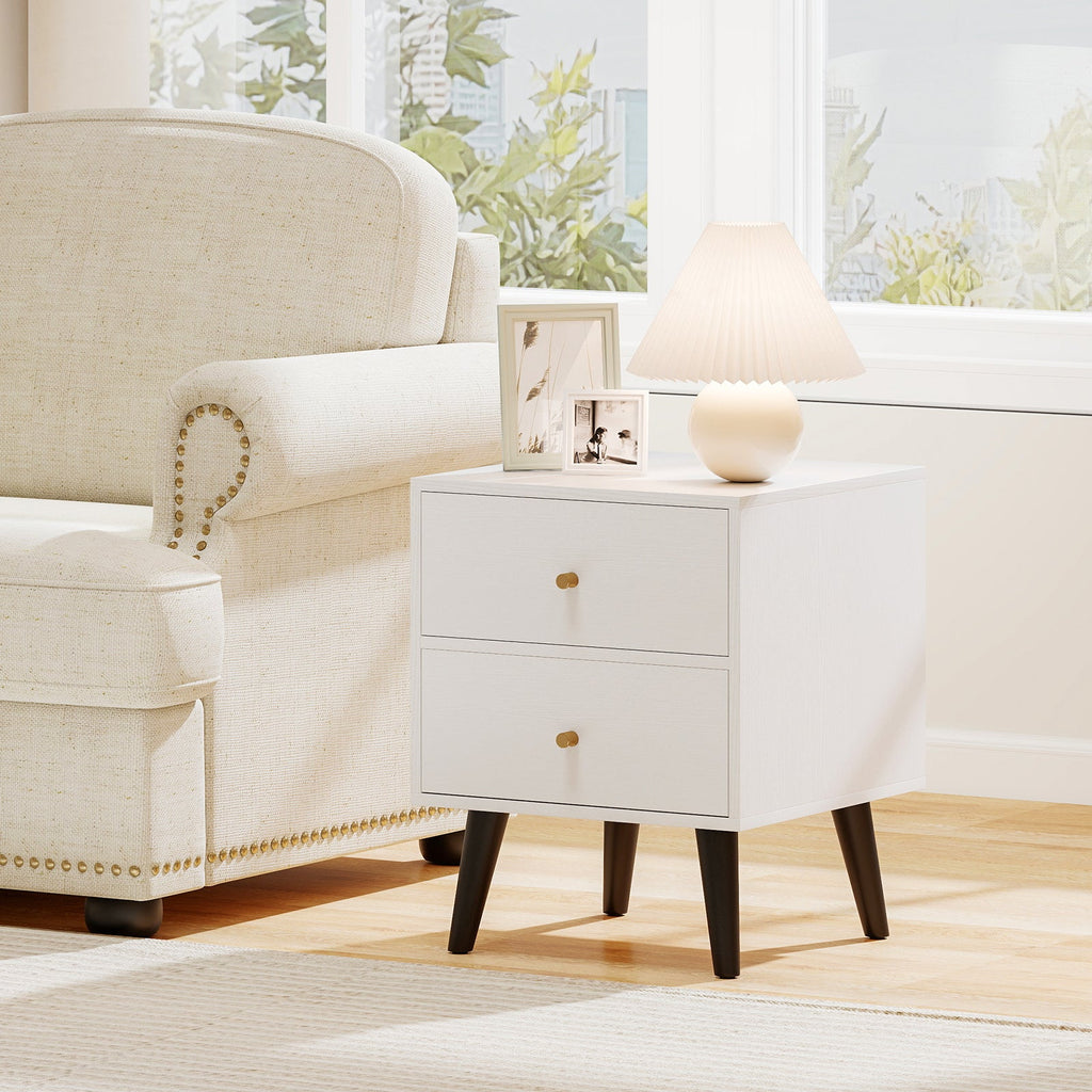 Mid Century Modern Bedside Table Nightstand with Golden Knobs and Raised Support Legs