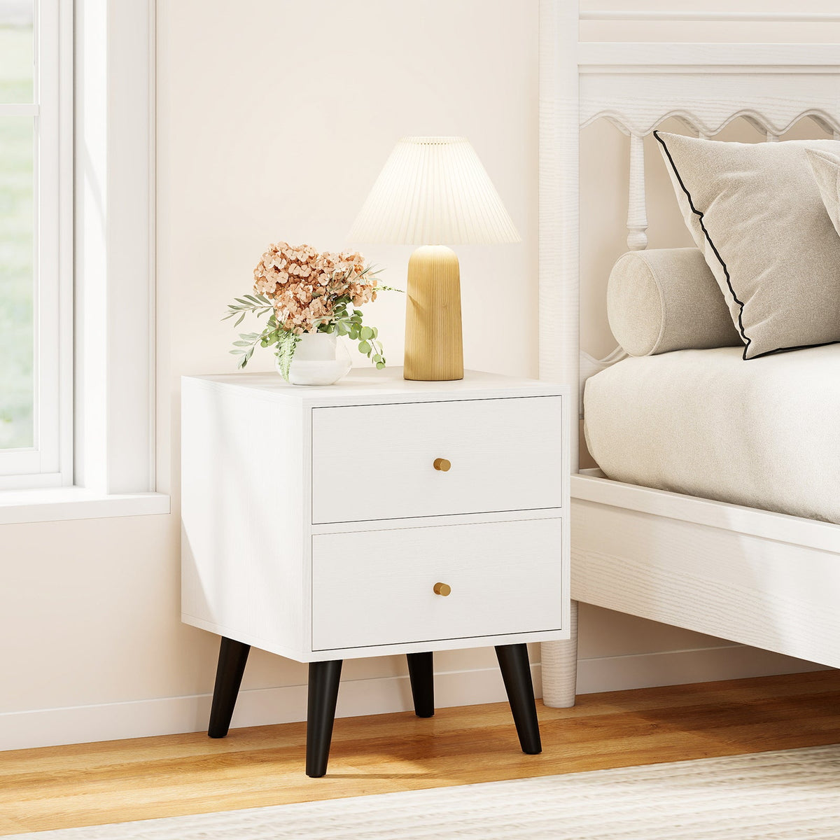 Mid Century Modern Bedside Table Nightstand with Golden Knobs and Raised Support Legs