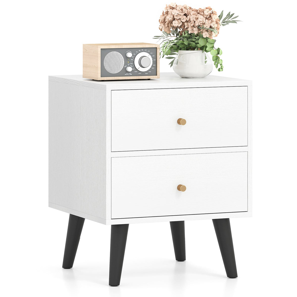Mid Century Modern Bedside Table Nightstand with Golden Knobs and Raised Support Legs