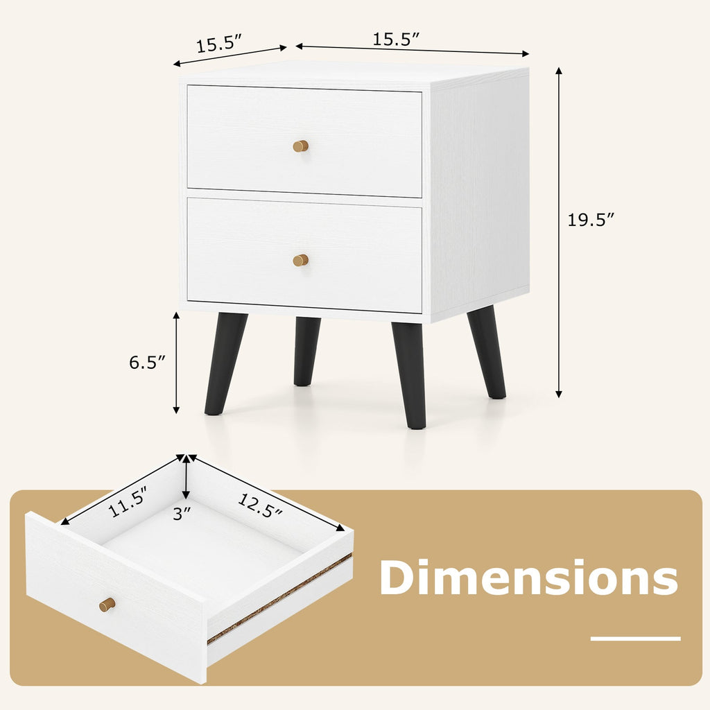Mid Century Modern Bedside Table Nightstand with Golden Knobs and Raised Support Legs