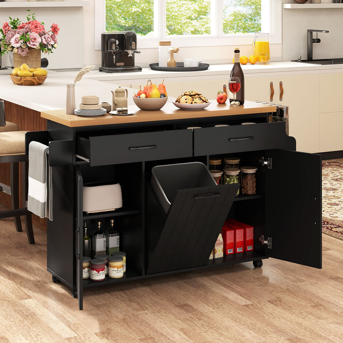 Mobile Kitchen Island Table with Trash Bag Storage