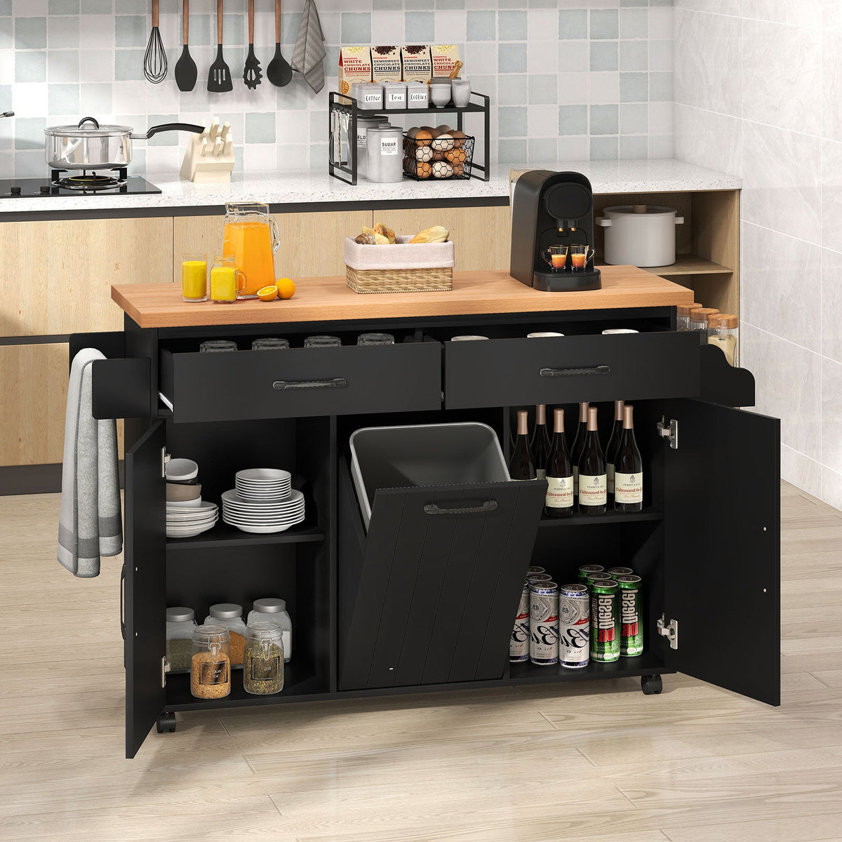 Mobile Kitchen Island Table with Trash Bag Storage