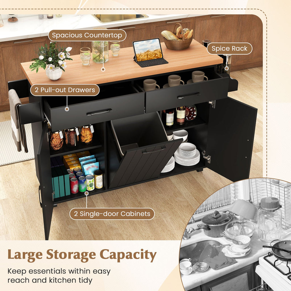 Mobile Kitchen Island Table with Trash Bag Storage