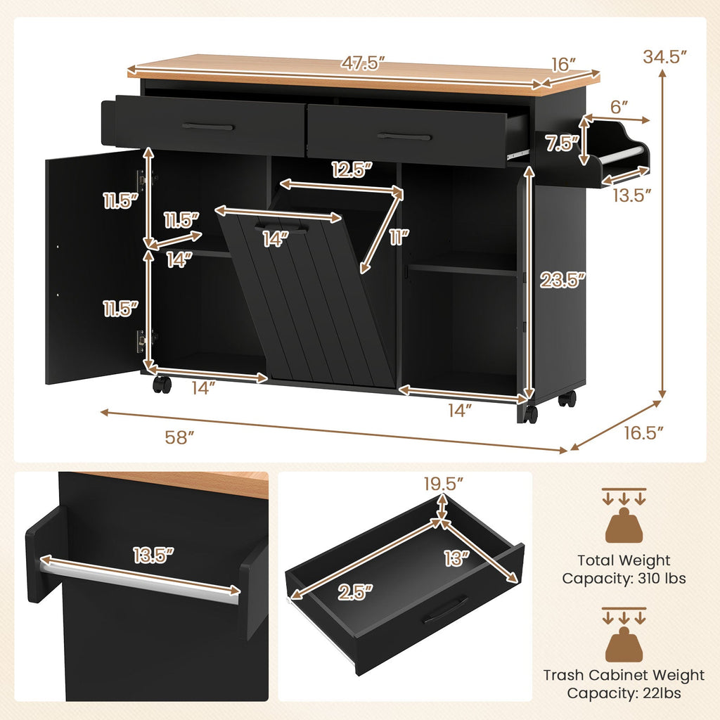 Mobile Kitchen Island Table with Trash Bag Storage