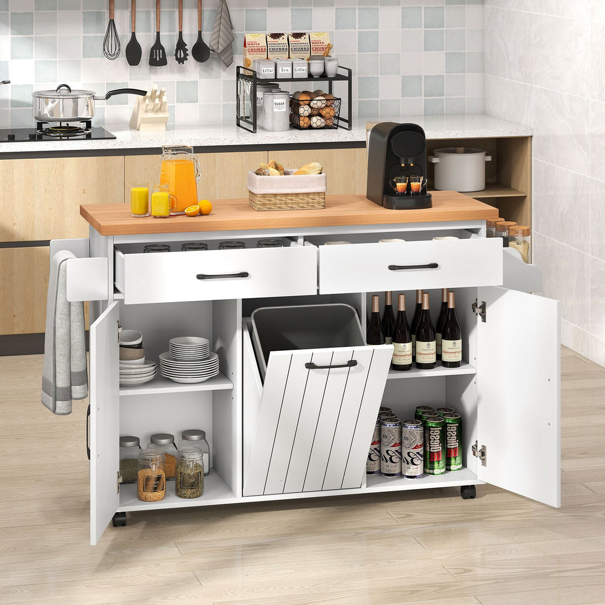 Mobile Kitchen Island Table with Trash Bag Storage