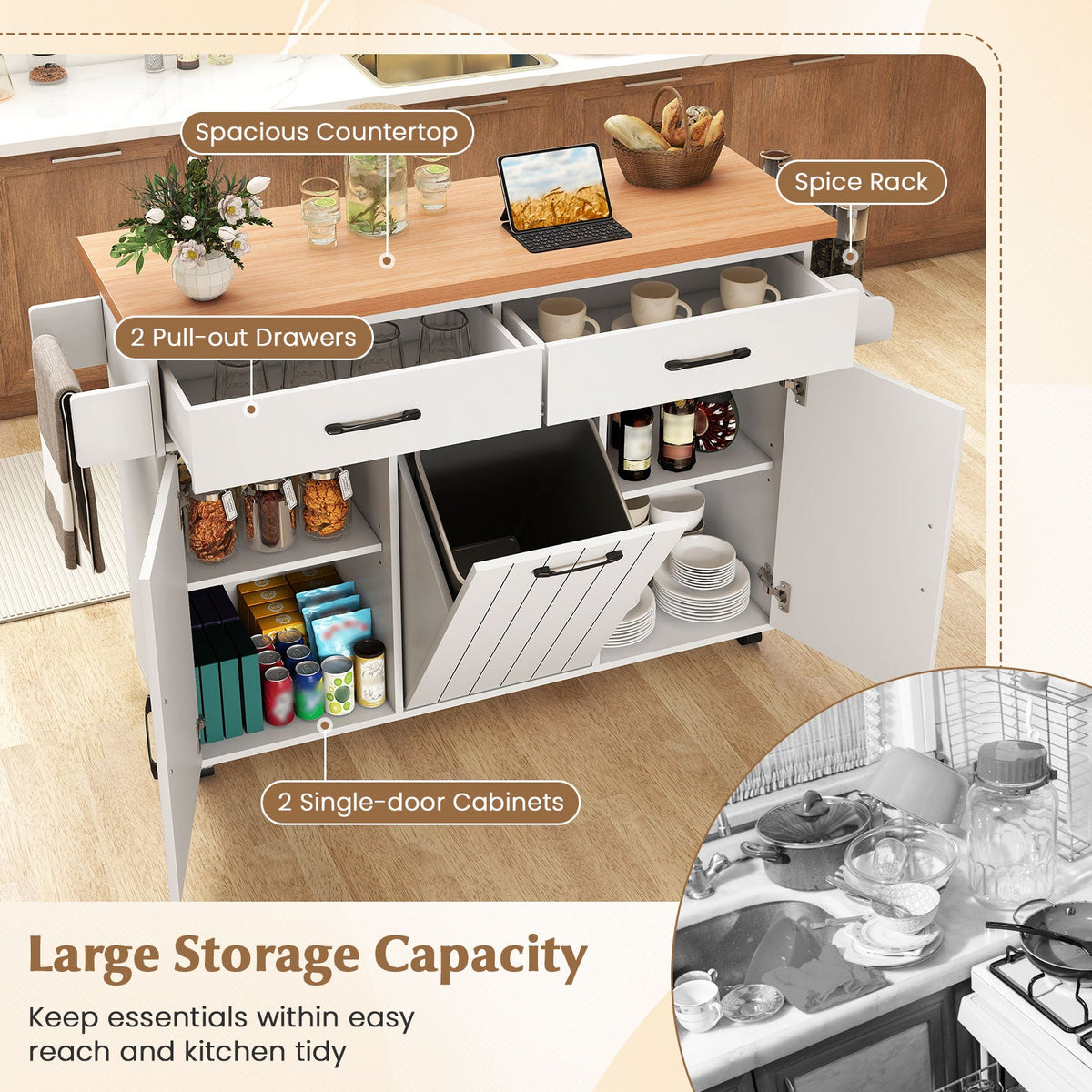 Mobile Kitchen Island Table with Trash Bag Storage