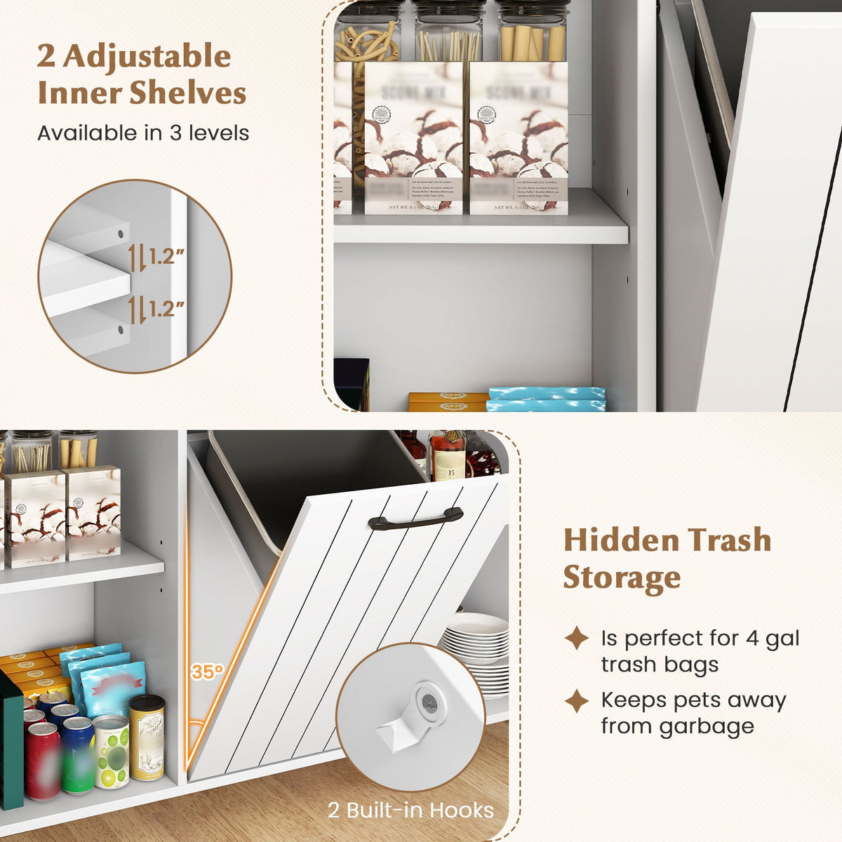 Mobile Kitchen Island Table with Trash Bag Storage