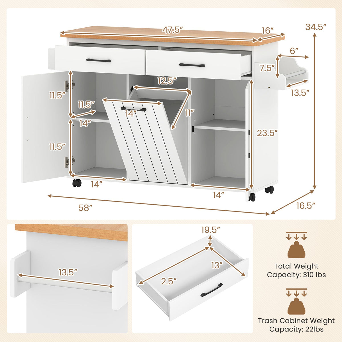 Mobile Kitchen Island Table with Trash Bag Storage