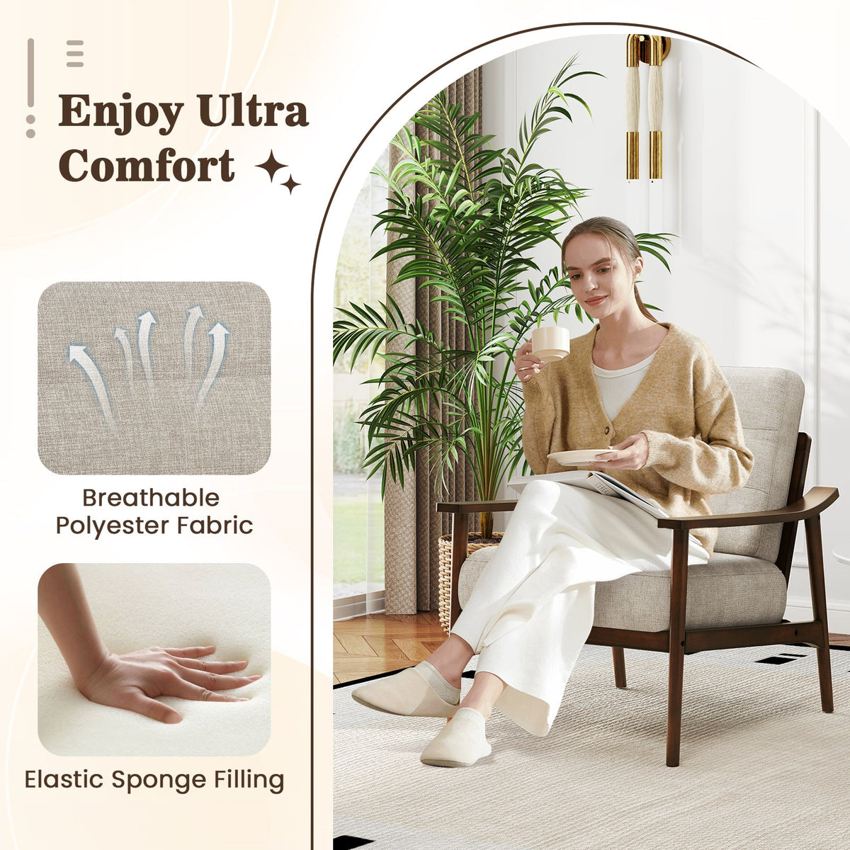 Modern Accent Chair with Rubber Wood Armrests
