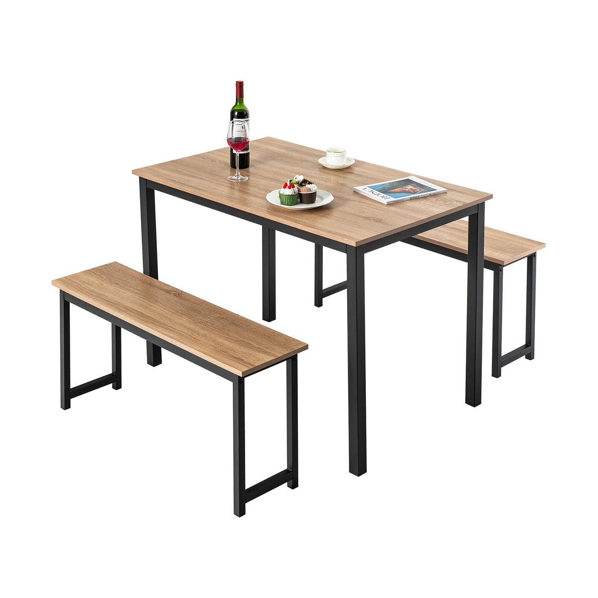 3 Pieces Dining Table Set with 2 Benches
