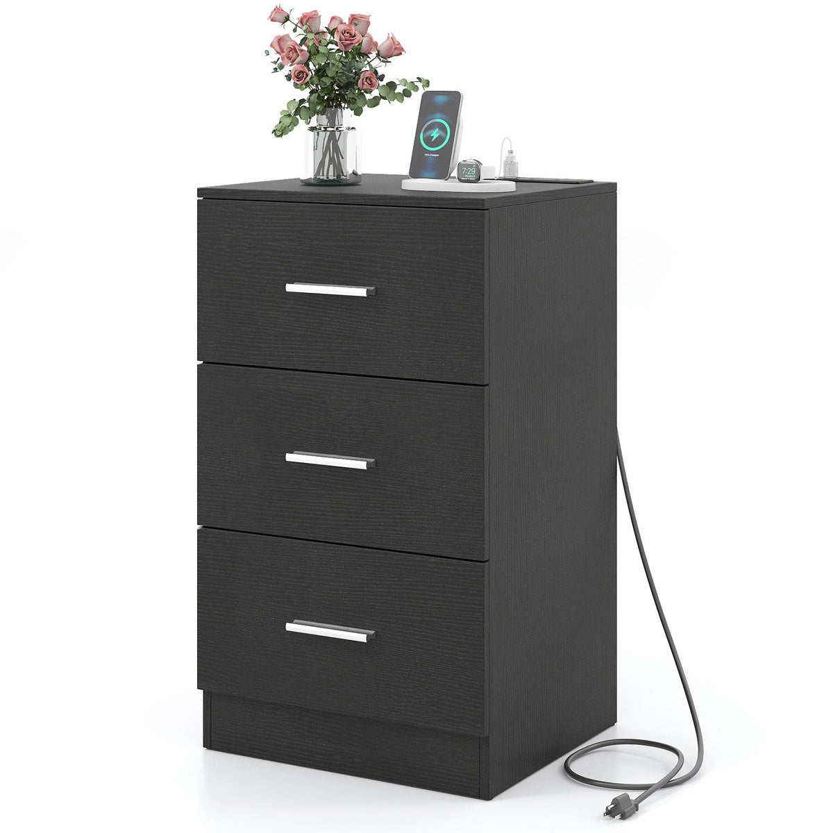 Nightstand with Charging Station End Table with 3 Storage Drawers Bedside Table