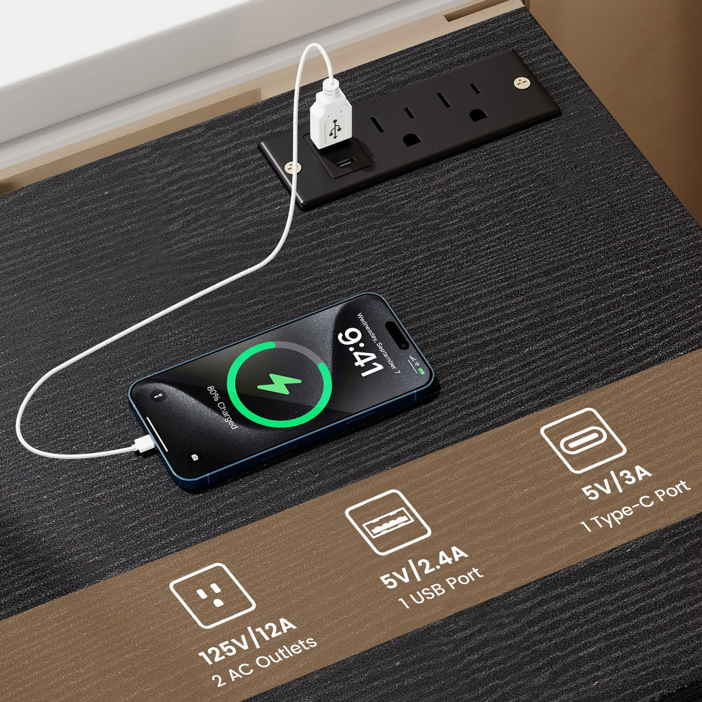 Nightstand with Charging Station End Table with 3 Storage Drawers Bedside Table
