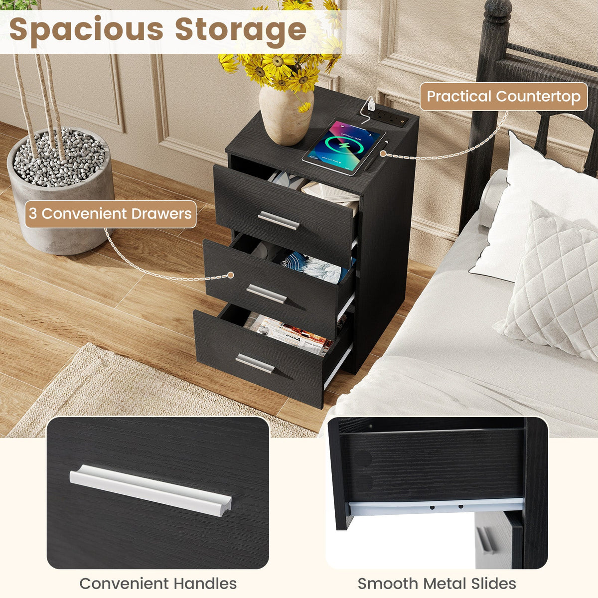 Nightstand with Charging Station End Table with 3 Storage Drawers Bedside Table