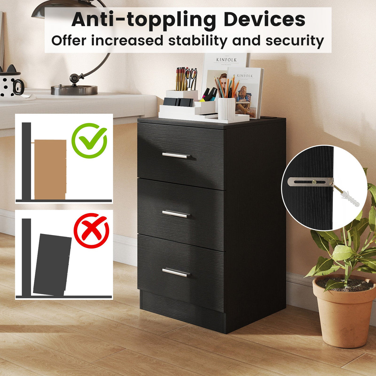 Nightstand with Charging Station End Table with 3 Storage Drawers Bedside Table