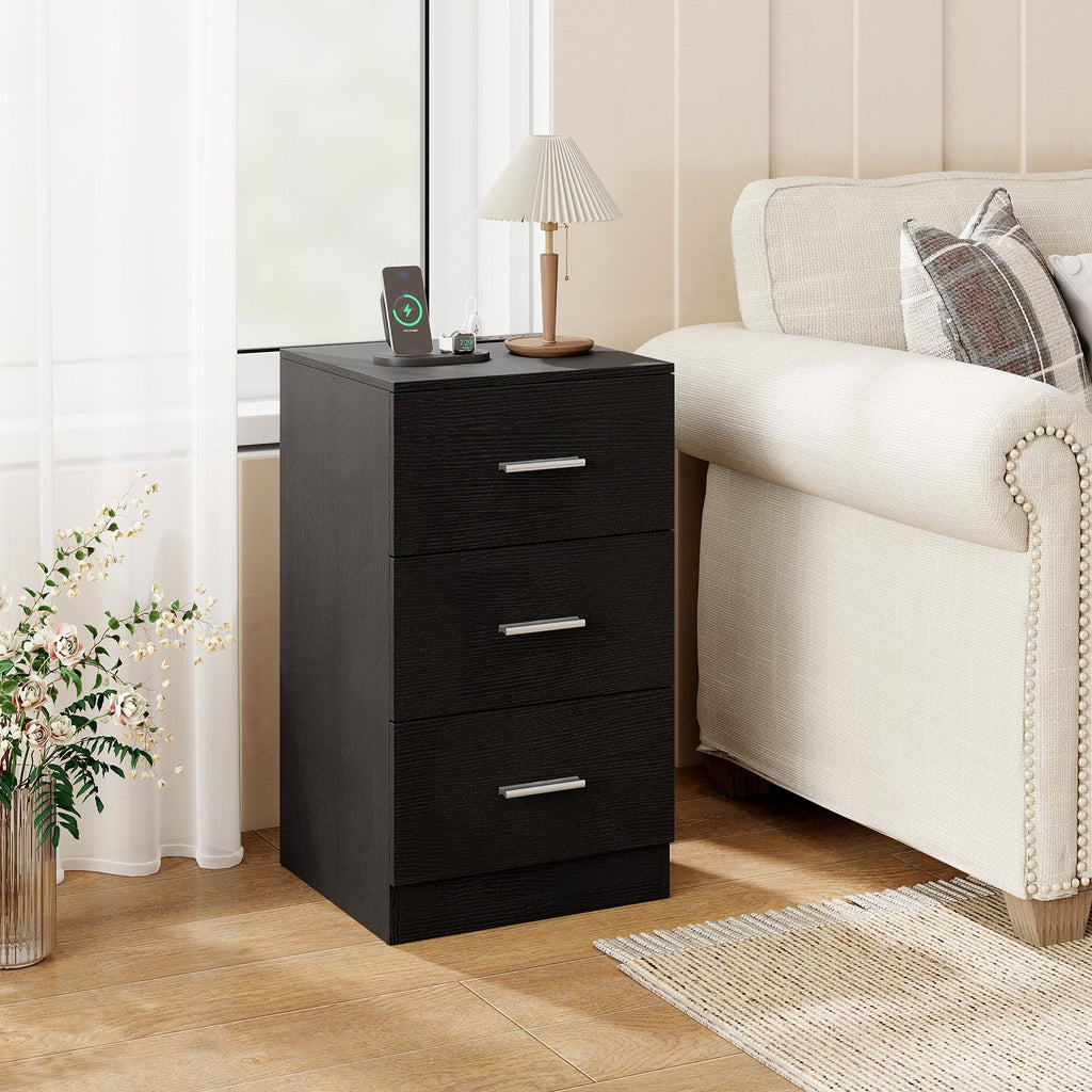Nightstand with Charging Station End Table with 3 Storage Drawers Bedside Table