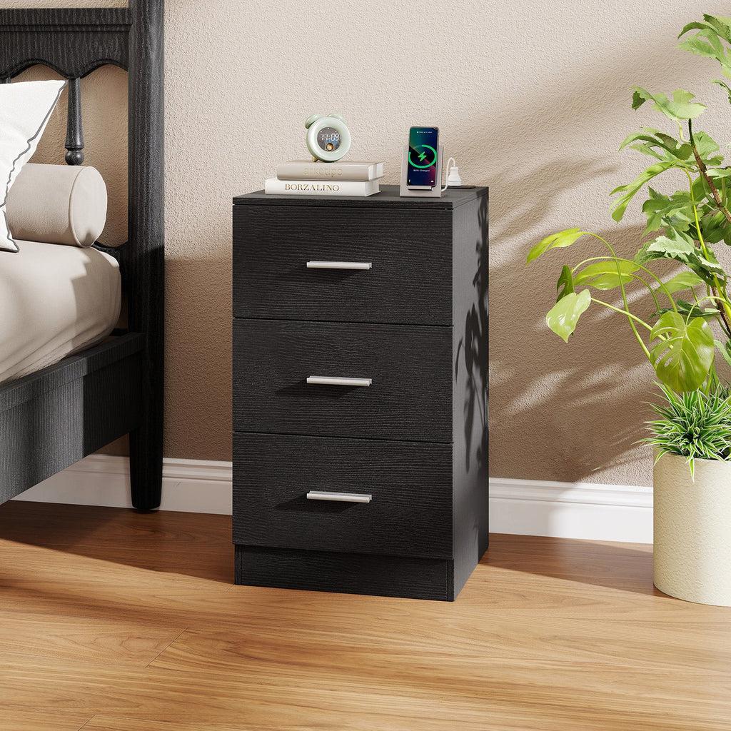 Nightstand with Charging Station End Table with 3 Storage Drawers Bedside Table