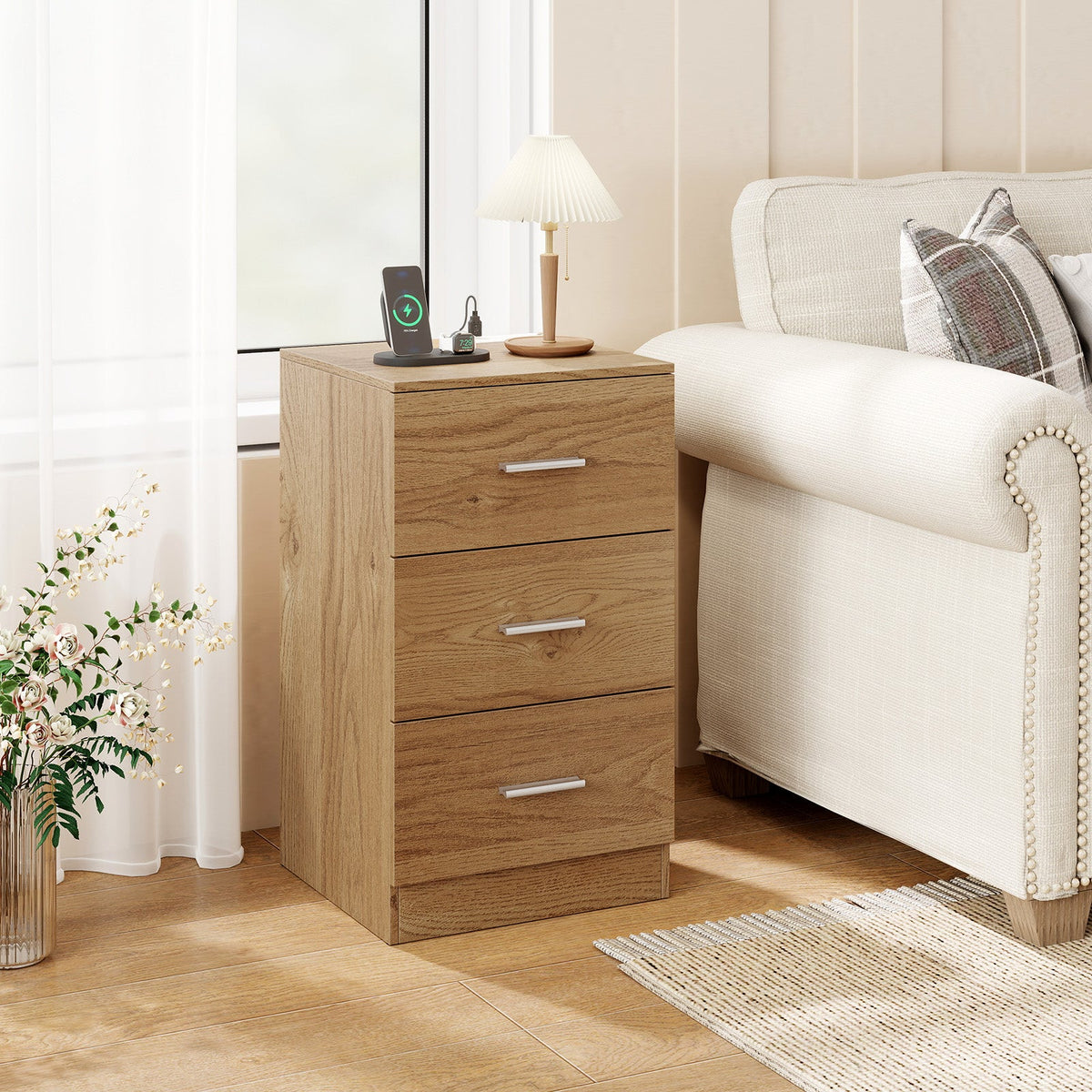 Nightstand with Charging Station End Table with 3 Storage Drawers Bedside Table