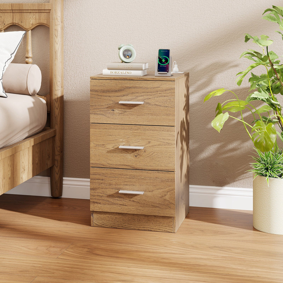 Nightstand with Charging Station End Table with 3 Storage Drawers Bedside Table