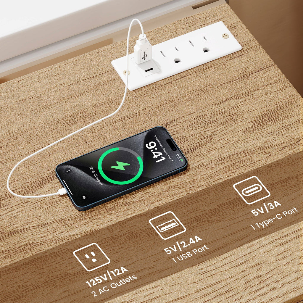 Nightstand with Charging Station End Table with 3 Storage Drawers Bedside Table