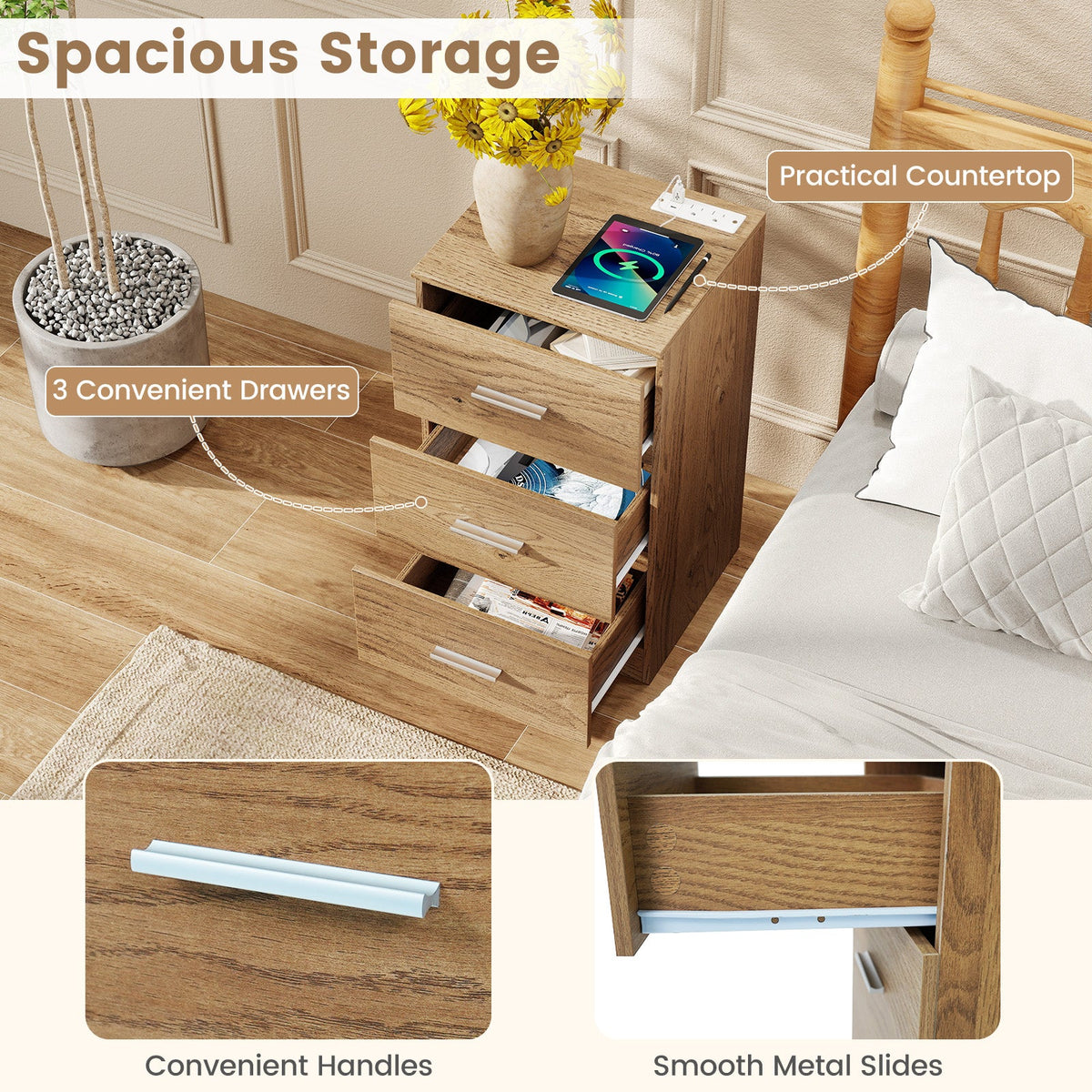 Nightstand with Charging Station End Table with 3 Storage Drawers Bedside Table
