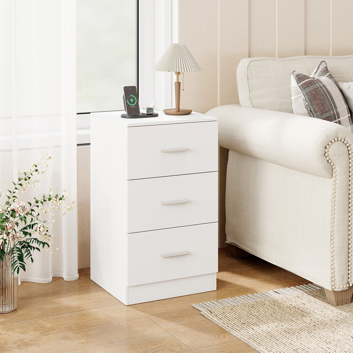 Nightstand with Charging Station End Table with 3 Storage Drawers Bedside Table