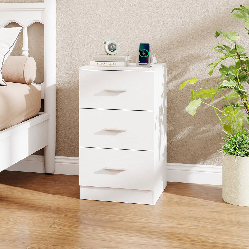 Nightstand with Charging Station End Table with 3 Storage Drawers Bedside Table