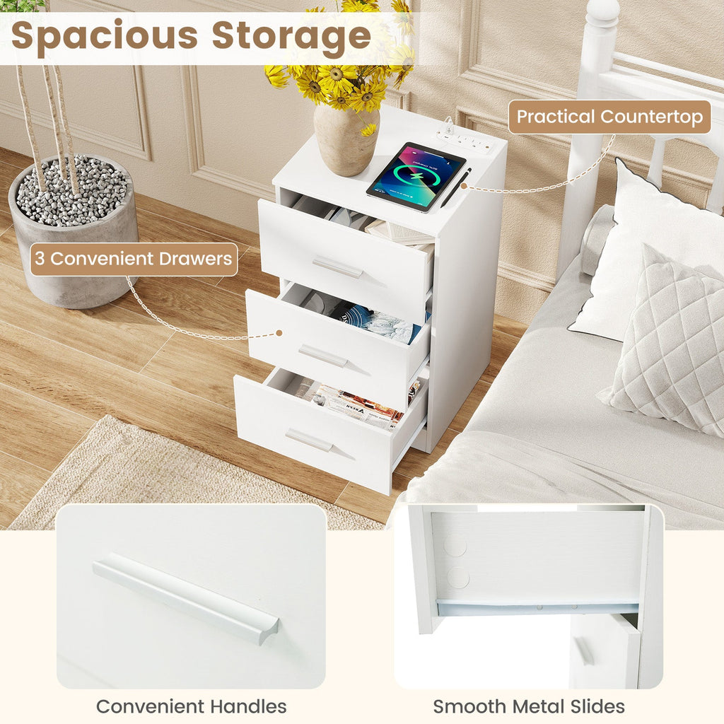 Nightstand with Charging Station End Table with 3 Storage Drawers Bedside Table
