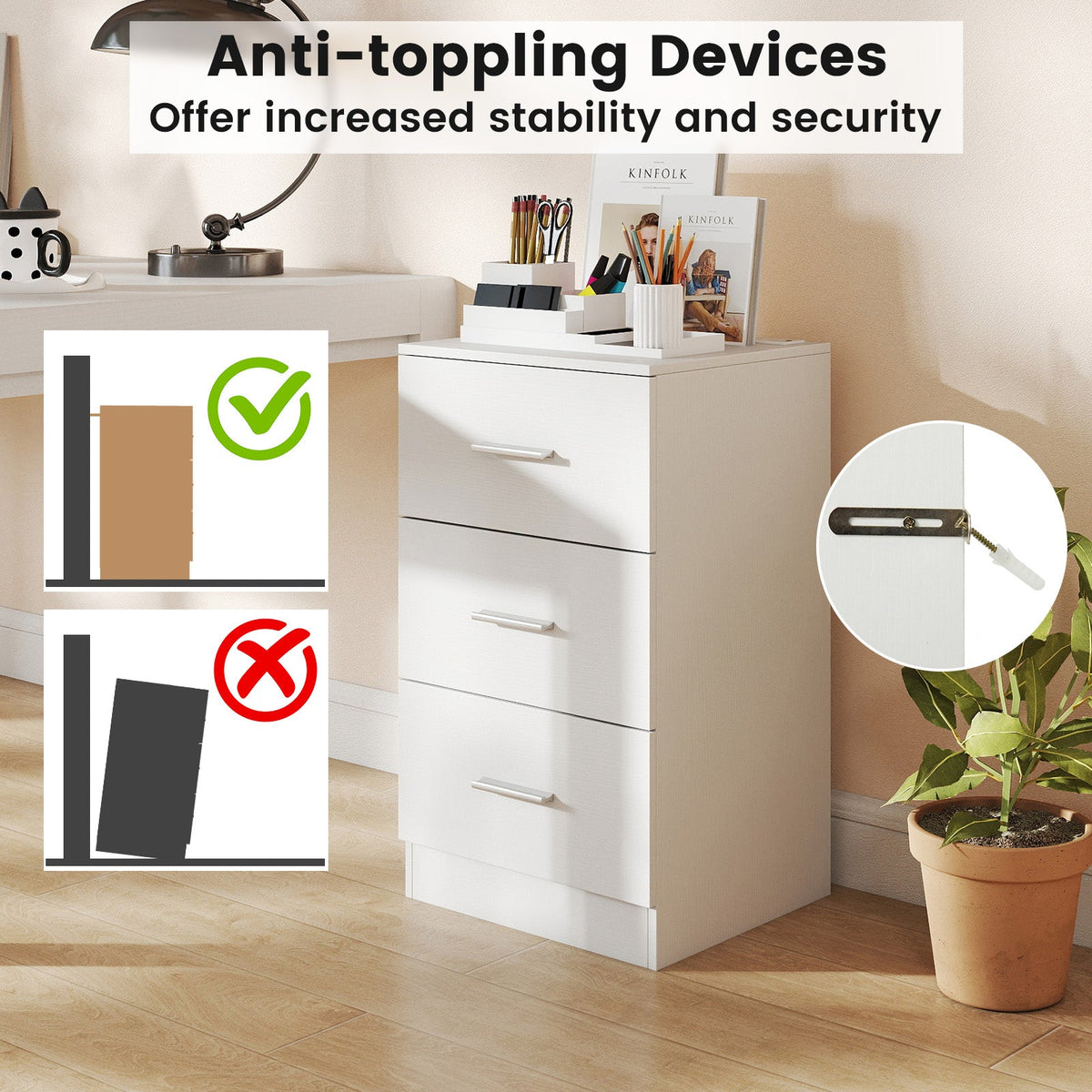 Nightstand with Charging Station End Table with 3 Storage Drawers Bedside Table
