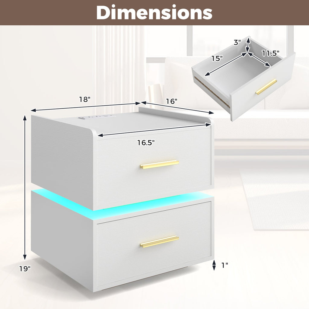 Nightstand with Charging Station LED Bedside Table with 2 Storage Drawers