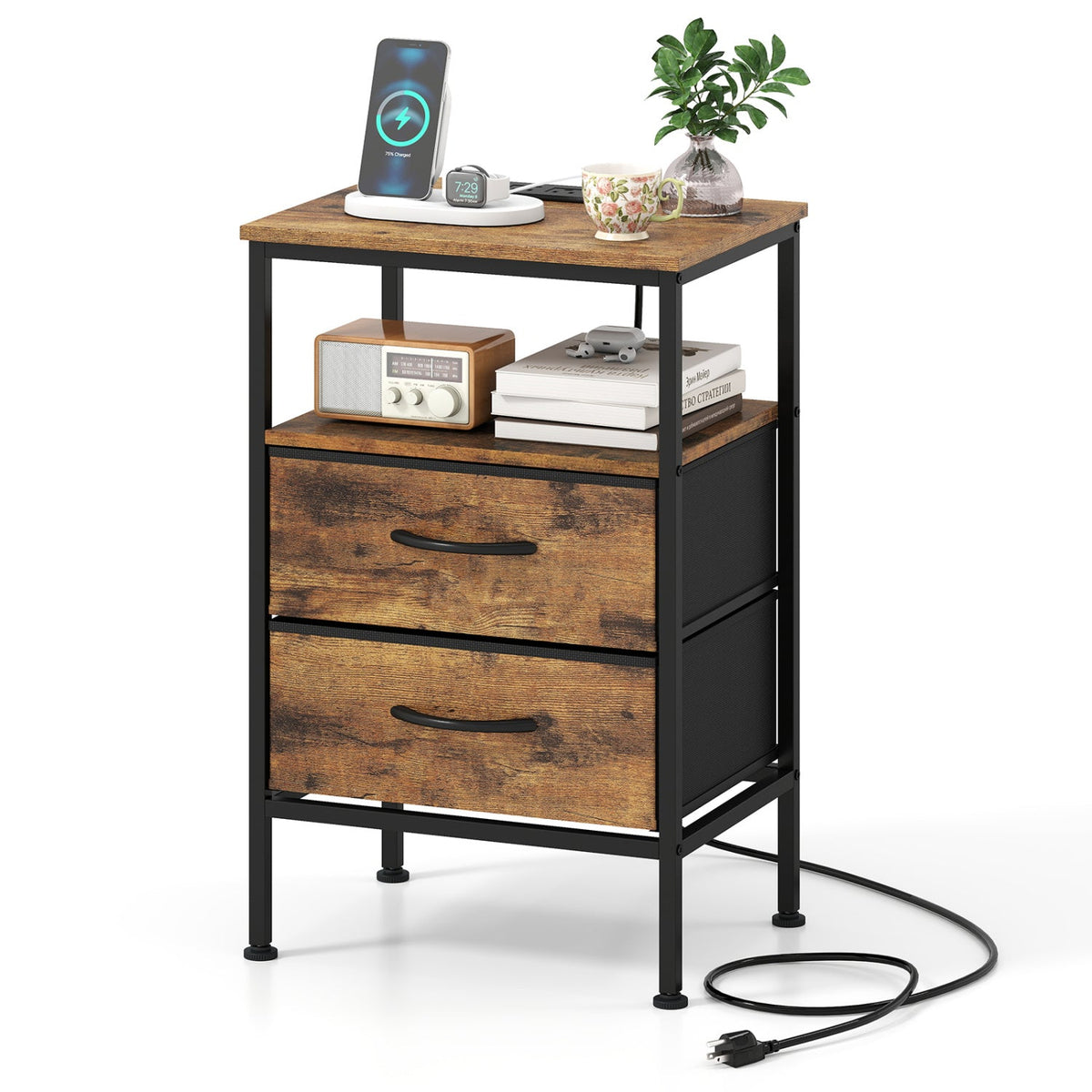 Nightstand with Charging Station 24.5 inch Modern Bedside Table with 2 Fabric Drawers
