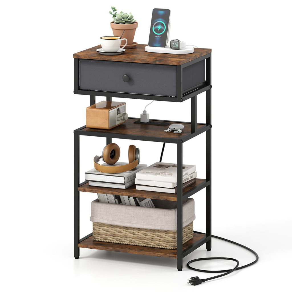 Nightstand with Charging Station 28 Inch Tall Bedside Table with Fabric Drawer