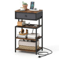 Nightstand with Charging Station 28 Inch Tall Bedside Table with Fabric Drawer