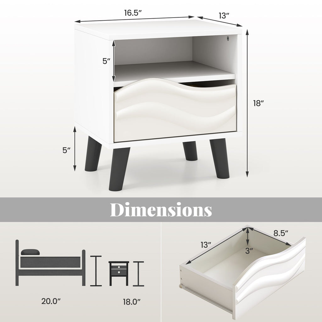 Nightstand Mid Century Modern Bedside Table with 3D Wavy Pattern and Open Shelf-White