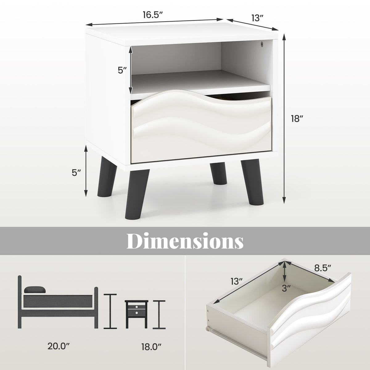 Nightstand Mid Century Modern Bedside Table with 3D Wavy Pattern and Open Shelf-White