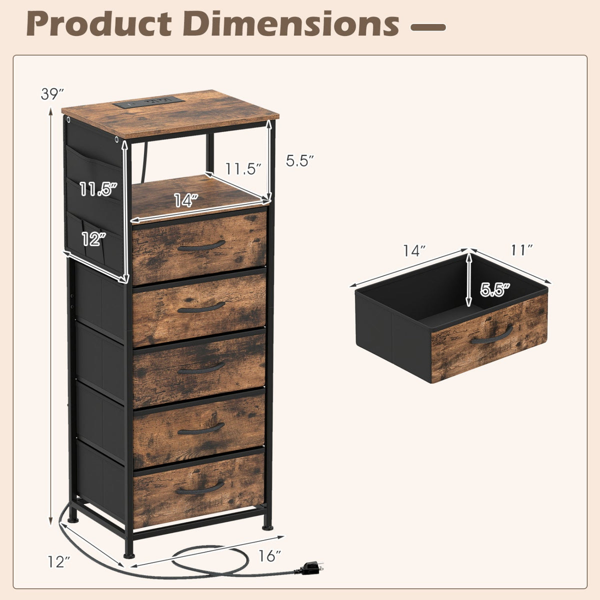 Nightstand with Integrated Charging Station 39 Inches Modern Bedside Table