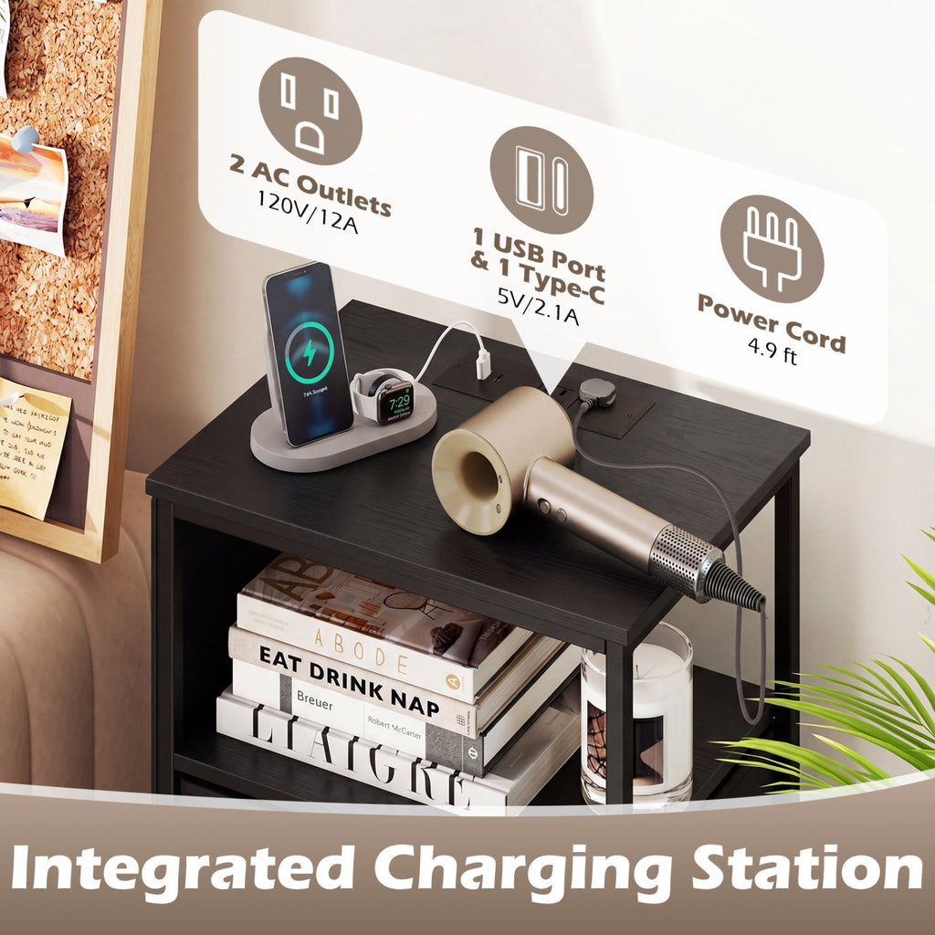 Nightstand with Integrated Charging Station 39 Inches Modern Bedside Table