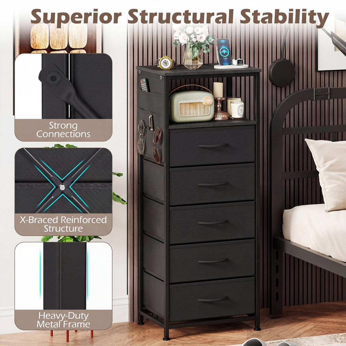 Nightstand with Integrated Charging Station 39 Inches Modern Bedside Table