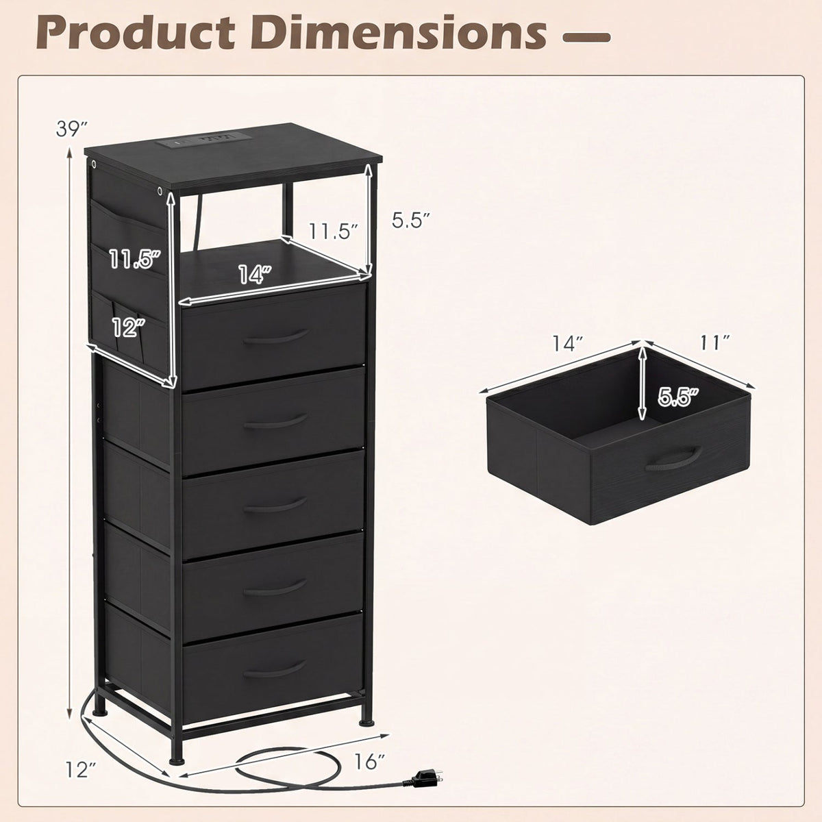 Nightstand with Integrated Charging Station 39 Inches Modern Bedside Table