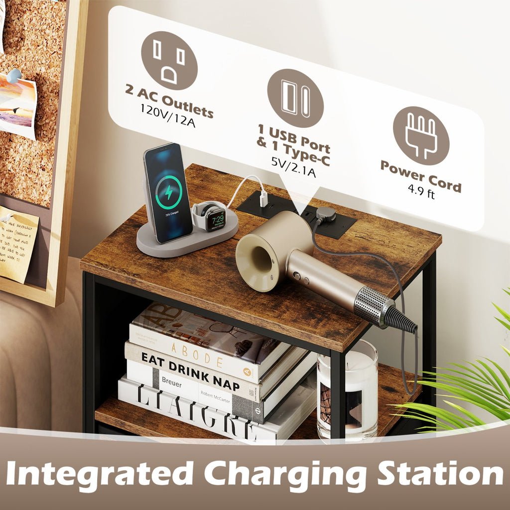 Nightstand with Integrated Charging Station 34" Modern Bedside Table