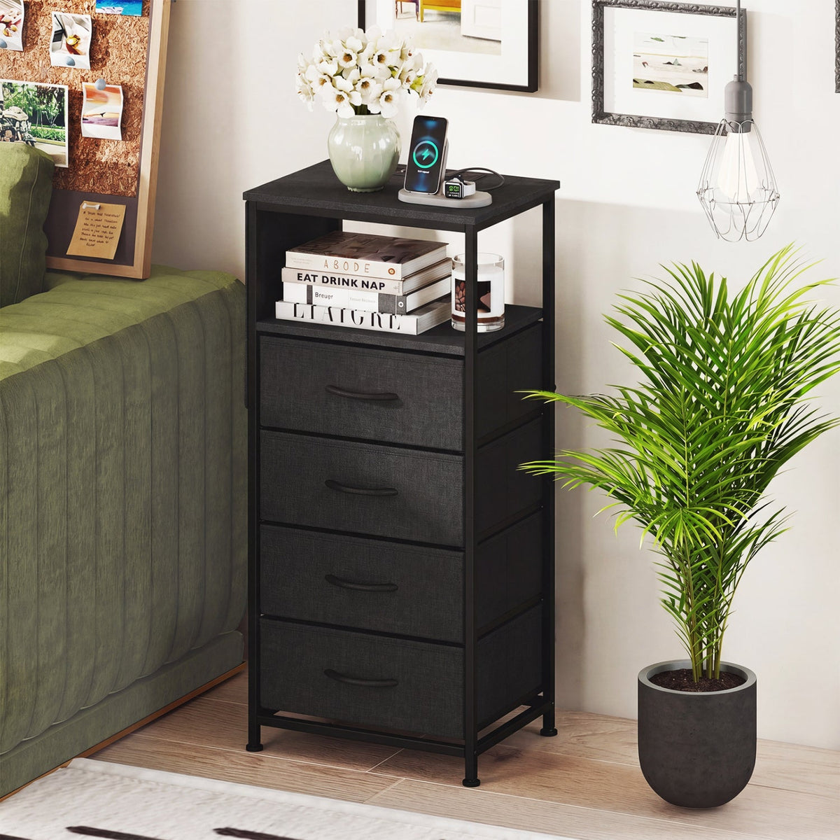 Nightstand with Integrated Charging Station 34" Modern Bedside Table