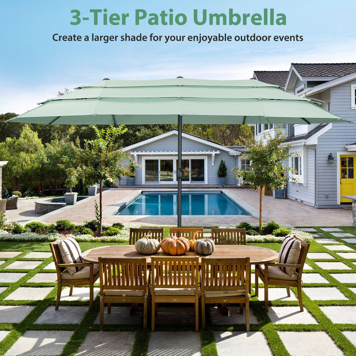 15ft Large Patio Umbrella, 3-Tiers Outdoor Double-Sided Rectangle